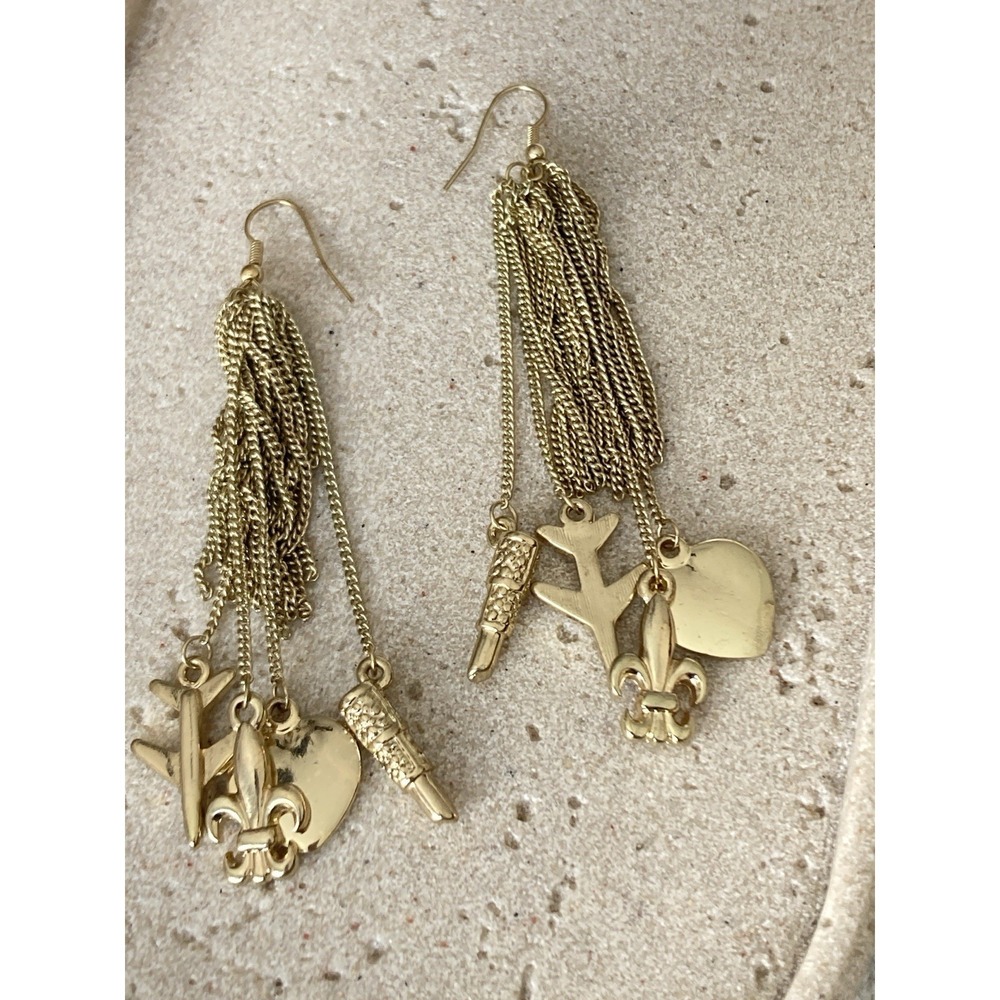 Gold Tone Multi Charm Tassel Earrings Fleur De Lis Heart Airplane Novelty‎